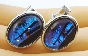 Vintage Cufflinks Made with Genuine Butterfly Wings Under Oval Lucite Panels - Picture 1 of 5
