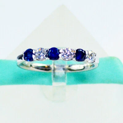 3MM White Moissanite Blue Sapphire 6Stone Wedding Band, 925 Sterling Silver - Image 1 of 4