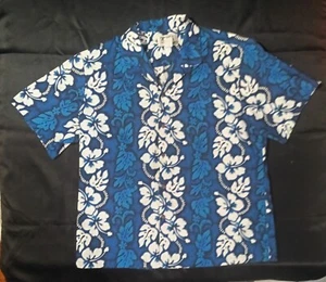 KY’S Hawaiian Button Front Shirt Cotton White Hibiscus Panel On Blue Size XL OBO - Picture 1 of 5