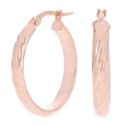 Italian 14k Rose Gold Rope Design Oval Hollow Hoop Earrings 1" - Image 1 of 4