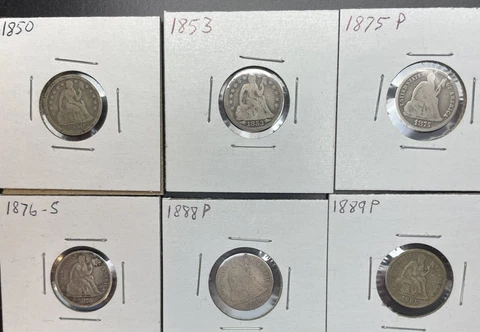 6 Different Seated Liberty Dimes, 1850, 1853, 1875, 1876-S, 1888, 1889 Cover