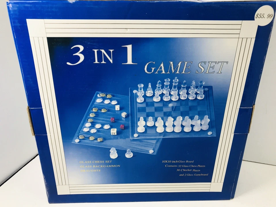 Glass 3 in 1 Game Boards Set Chess Backgammon Checkers Draughts Dice Counter