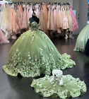 Sparkle Sage Green Quinceanera Dresses Mexican Sweetheart 3d Floral Birthday