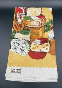Vintage KayDee Linen Kitchen Tea Towel WINE CHEESE FRUIT Bread Handprints  - Picture 1 of 9