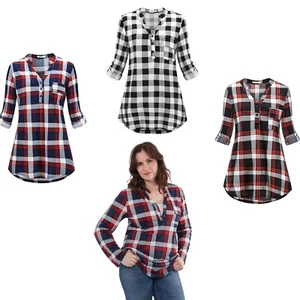 Women's Tunic Tops Checked Plaid Shirts Long Roll Sleeve Blouse UK Size 12-20 - Picture 1 of 9