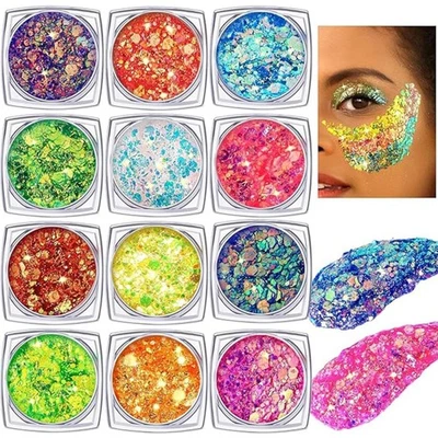Festival Glitter Face, 12 Colours Fluorescent Chunky Sequin Face Bodysuit NEW - Image 1 of 4