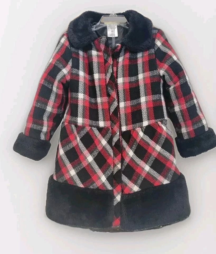 Chaqueta a Cuadros Penelope Mack Abrigo Guisante Niñas Talla 5/6 Rojo Negro Piel Sintética Borde Forrado Foto 1 de 4
