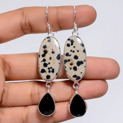 Dalmatian Jasper Black Onyx Gemstone Fashion 925 Silver Earrings 2.8" ARE-5426 - Image 1 of 3