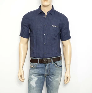 $148 NEW Diesel S-EMIKO Shirt in Navy/Blue Large SLIM Short Sleeve 100% LINEN - Picture 1 of 12