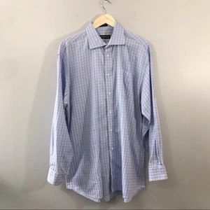 HATHAWAY Dress Shirt Mens Blue Plaid Striped Cotton Long Sleeve Size  17 - Picture 1 of 4