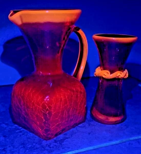 Vintage Blenko? Rainbow?Amberina Flourescent Crackle Glass  Pitcher & Vase Rare! - Picture 1 of 10