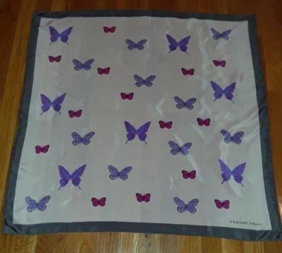 Bufanda cuadrada Hanae Mori púrpura rosa gris mariposas 100 % seda 31" Foto 1 de 3