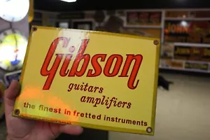 RARE GIBSON GUITAR AMPLIFIERS SERVICE DEALER PORCELAIN METAL SIGN MUSIC ROCK - Picture 1 of 13