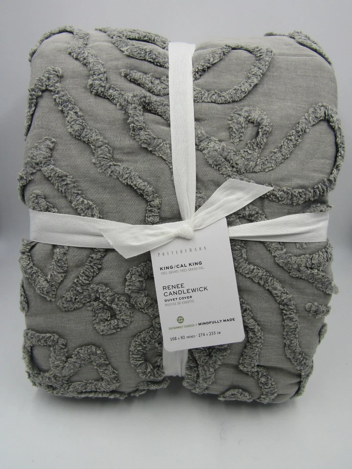 Pottery Barn Renee Candlewick Cotton Sateen Duvet Cover King/cal Gray Sham