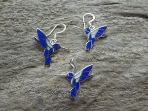 3 pc SET Hummingbird Sterling Silver Nice Blue Lapis & Opal Pendant Earrings B65 - Picture 1 of 8