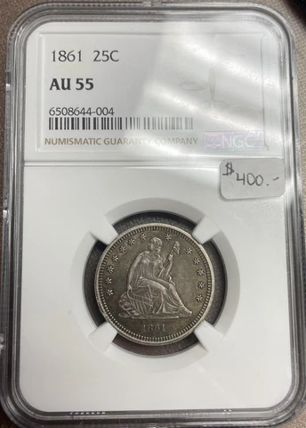 1861 25c NGC AU55 Seated Quarter Civil War Date! Cover