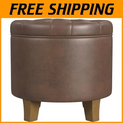 Elegante otomana de almacenamiento redonda, cuero sintético marrón Foto 1 de 4