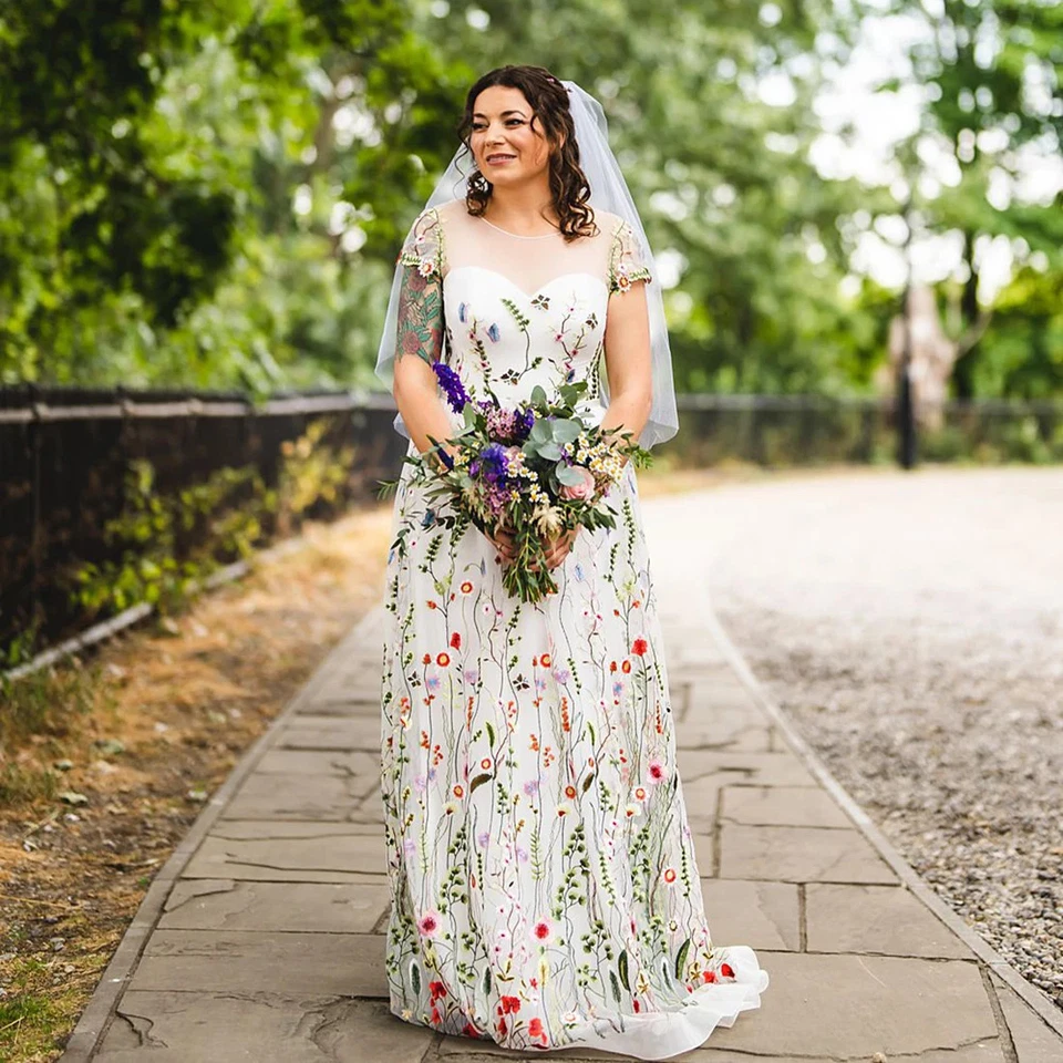 Elegant Colorful Flowers  Wedding Dresses O-Neck Cap Sleeves A-Line Bridal Gowns - Image 1 of 4