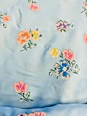 VTG Fuzzy Flocked Pink Blue & Yellow Florals on Light Blue Crepe 45"x25" - Image 1 of 4