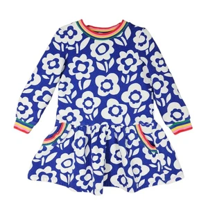 Mini Boden Girls Dress Size 6-7Y Blue Floral Long Sleeve Rainbow Trim Pockets - Picture 1 of 13