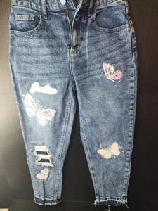 Justice Girls SIZE 14 Mini Mom Butterfly patched Jeans Dark Medium Wash - Picture 1 of 11