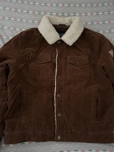Men’s GUESS Brown Faux Fur Corduroy Snap-Button Bomber Jacket Size XL - Picture 1 of 13