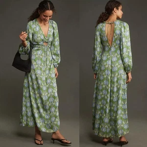 Nuevo con etiquetas Maxi Vestido Anthropologie Let Me Be Manga Larga Cuello en V Recorte Floral Pequeño - Imagen 1 de 9