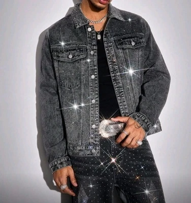 Nueva chaqueta vaquera gris de mezclilla con pedrería de diamantes de lujo para hombre de alta calidad Foto 1 de 4