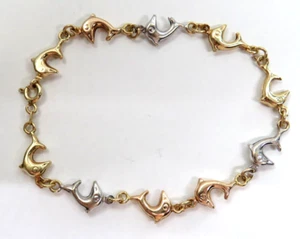 Cute ๐ Real 14K Yellow White Gold Charm BRACELET with Dolphin 7" small wrist - Picture 1 of 9