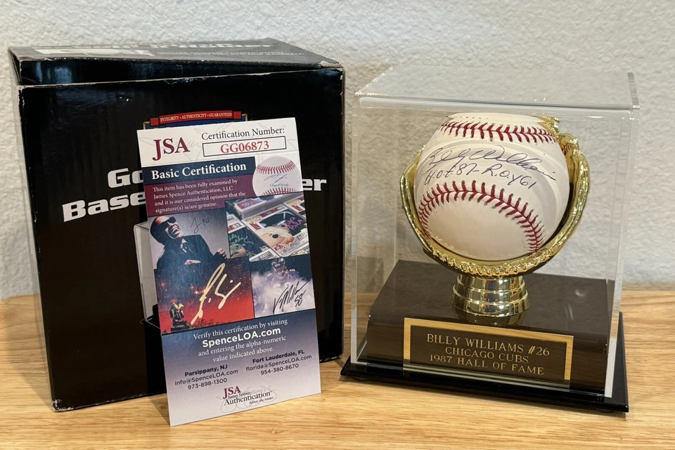 RARE BILLY WILLIAMS HOF ROY AUTOGRAPHED SIGNED BASEBALL JSA COA PLAQUE HOLDER - Image 1 of 4