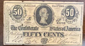 1864 50¢ Fifty Cents The Confederate States of America Note CIVIL WAR ERA - Picture 1 of 2