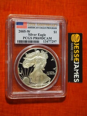 2005 W PROOF SILVER EAGLE PCGS PR69 DCAM 20TH ANNIVERSARY LABEL - Image 1 of 2