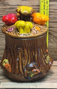 California Pottery Cookie Jar Ceramic Tree Stump Mushroom Flower Midcentury - Picture 1 of 18