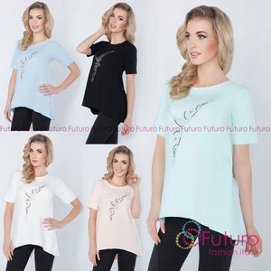 Top túnica asimétrica de algodón de manga corta con lentejuelas para mujer talla única 8-12 FT2773 - Imagen 1 de 9