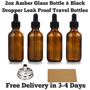 Botellas de aceite esencial y cuentagotas ámbar oscuro de 2 oz con 1 embudo y 4 etiquetas - Paquete de 4 - Imagen 1 de 10