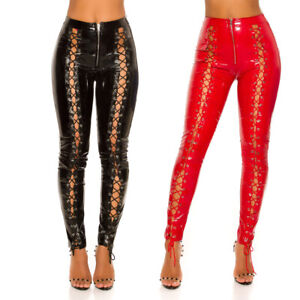 Latex Look Leggings Front Lace Up Shiny Leather Vinyl KouCla - Red & Black