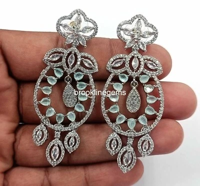 Silver Plated Ethnic AD CZ long  Dangle Bollywood look Earrings jhumka Indian NK - Imagem 1 de 4