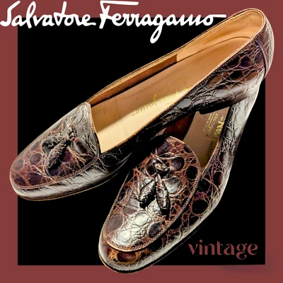 ZAPATOS MUJER FERRAGAMO Vintage Marrón Imitación Cuero Cocodrilo Borlas Talla 6.5AA Foto 1 de 4