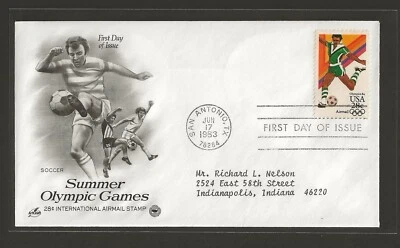 1983 US 28c Airmail Summer Olympic Games Soccer FDC Scott #C104a - Image 1 of 2