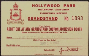 1957 Hollywood Park Grandstand Admission Ticket Inglewood CA Horse Racing - Picture 1 of 2
