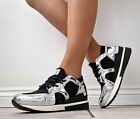 WOMENS LACE UP BLACK SILVER TRAINERS WEDGE PLATFORM SNEAKERS SHOES SIZE UK 3-8