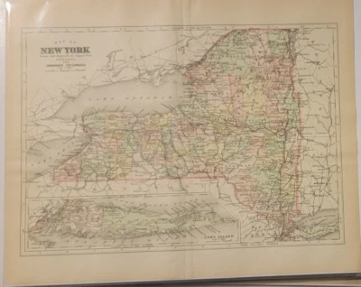 Antigua placa de cobre detallada mapa coloreado a mano New York Johnson Cyclopaedia 1897 Foto 1 de 4