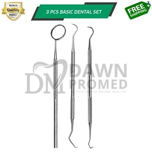 3 Pcs Basic Dental Instruments Set Mirror Explorer C. Plier Clinic German Grade - Picture 1 of 5