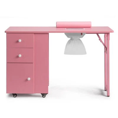 Mesa Plegable para Escritorio de Uñas Rosa MDF Estación de Manicura con 2 Cajones y 1 Puerta Gabinete Foto 1 de 4