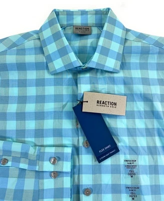 Camisa social Reaction Kenneth Cole masculina slim fit flexível xadrez azul 15.5 32/33 nova com etiquetas - Imagem 1 de 4