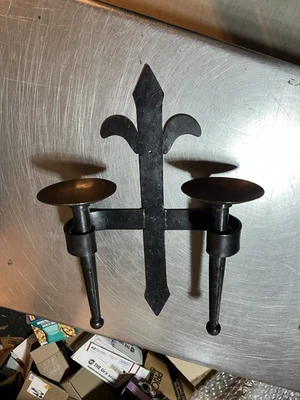 Vintage Medieval Wall Torch Gothic Double. Dual Candle Sconce Heavy Iron Forged  - Image 1 of 4