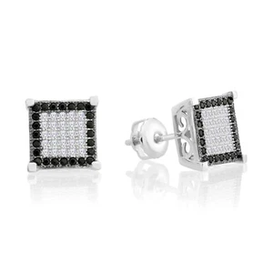 Sterling Silver CZ Micro-Pave Black & White Square Studs Earrings Screw-back - Picture 1 of 5