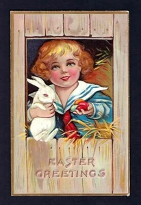 Postal de Pascua de principios de 1900, niña, conejito de ojos rojos, huevos de colores - Imagen 1 de 2