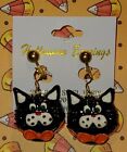 Vintage Halloween Fashion Resin Shiny Black Cats Heads Clip On Earrings NOC