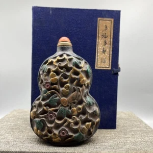 old china ink carved grasshopper gourd color painting big Snuff Bottle with box - Picture 1 of 9